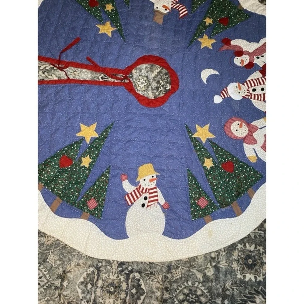 Vintage Quilted Applique‎ Christmas Tree Skirt Snowman Frosty